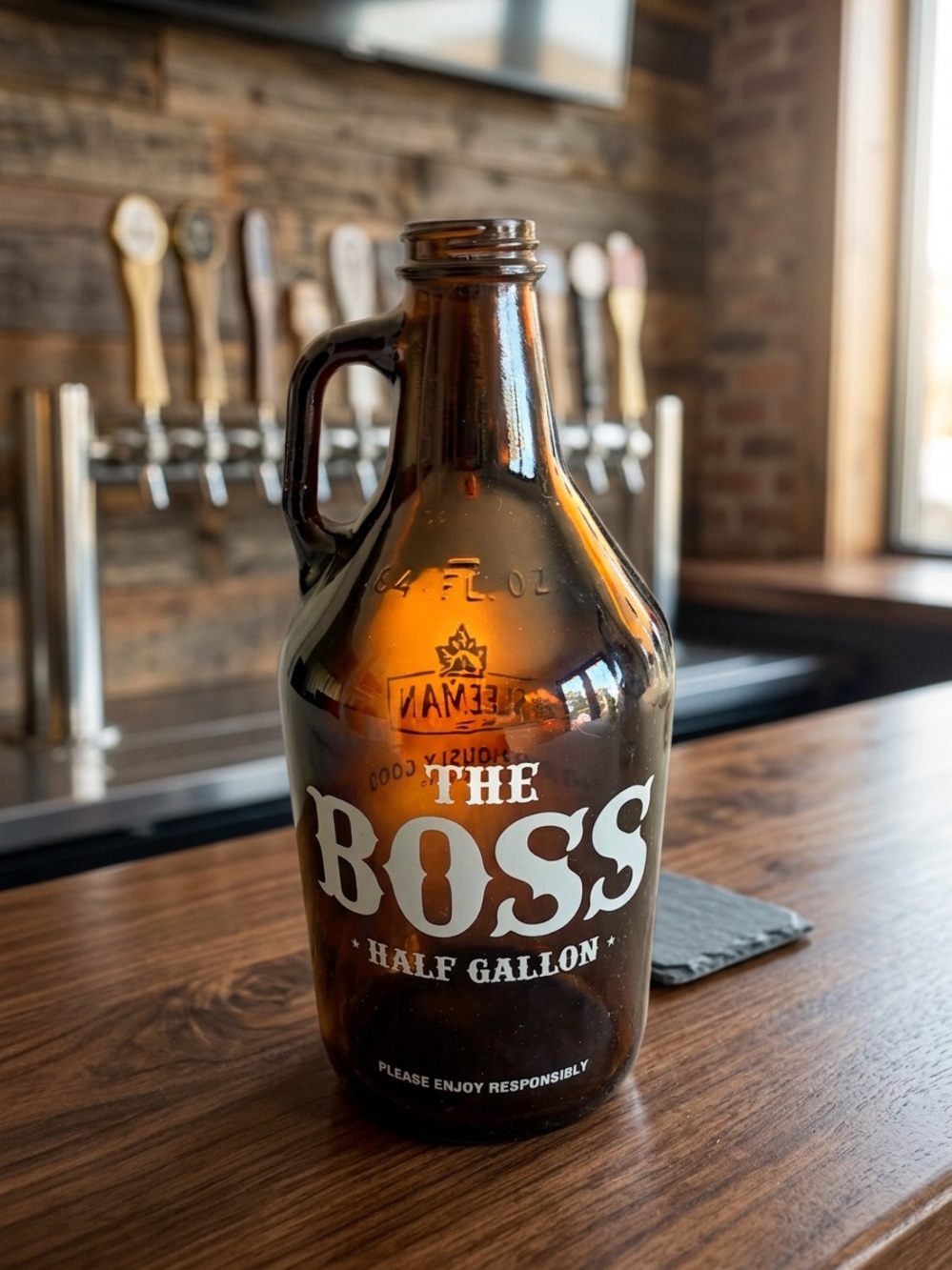 Sleeman "The Boss" Half Gallon Amber Glass Beer Growler - Notoriously Good 1834